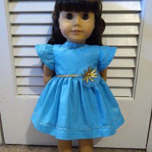 NWOT- Blue Dress/Gold-Color Accents-  Handmade for American Girl Dolls